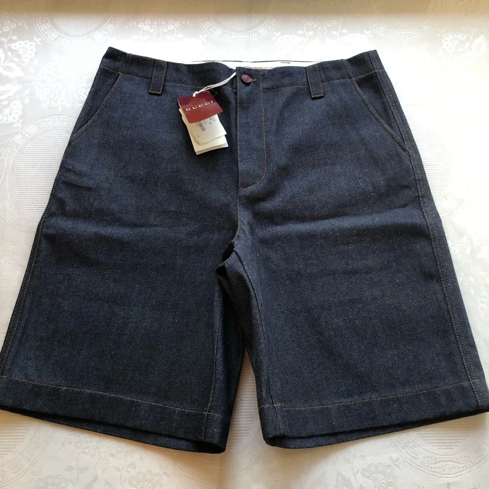Gucci Dark Blue Raw Denim Jeans Bermuda Shorts Men's Size 52 Front Zip/Button